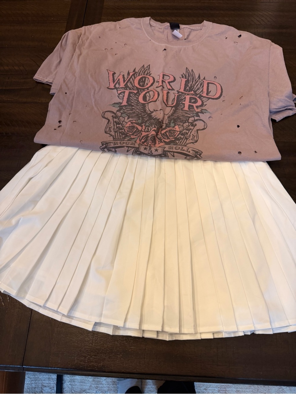 White Pleated Mini Skirt and distressed tee- Classic Staples